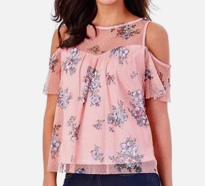 Women's Sz M IZ Byer Pink Floral Cold Shoulder Mesh Overlay Top Boho Romantic - Image 1 of 4