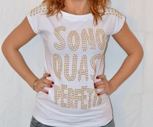 T SHIRT T-SHIRT MAGLIETTA BIANCA CON BORCHIE SONO QUASI PERFETTA IRONICA TG S/M - Foto 1 di 1