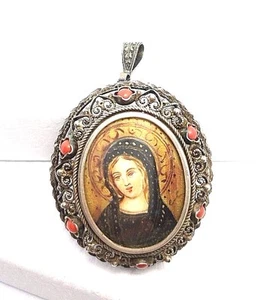 Vintage 800 Silver Filigree Coral Hand Painted Virgin Portrait Pendant Brooch - Picture 1 of 12