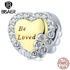 Bisaer Women Authentic 925 Sterling Silver Golden heart Bead Charm Fit Bracelets