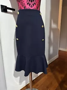 Liz Jordan 18 Skirt A Line High Waist Navy Jersey Fluted Hem Gold Buttons EUC - Picture 1 of 12