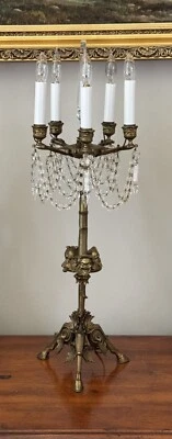 Antique Greek Mythological Bacchus  Neoclassical Brass Crystal Candelabra Lamp - Imagem 1 de 4