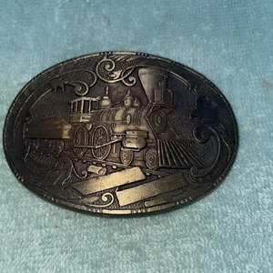 Locomotive Train Belt Buckle Classic Oval Antiqued Brass Finish 3-1/2 X 2-1/2 In - Picture 1 of 3