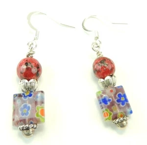 Multicolor Millifiori Blumen Ohrringe mit Jaspis Handarbeit Chic Schmuck - Bild 1 von 1