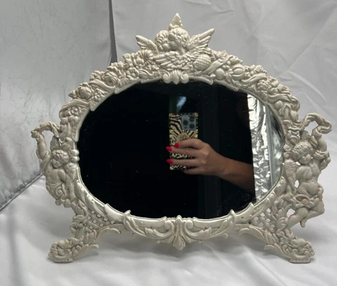 Antique  Cast Iron Oval Cherub Mirror Or Frame - Easel Back - Hollywood Regency Cover