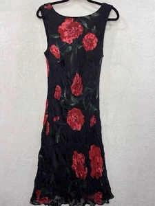 Vintage 90s Silk Floral Burnt Velvet Overlay Black Red Midi Dress 16 Whimsygoth - Picture 1 of 12