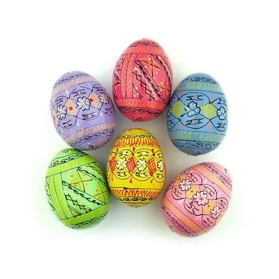 ALEXANDRA INTERNATIONAL Wooden Hand Painted Ukrainian Pysanky Easter Eggs Pysanki Easter SET OF 6 Pastel