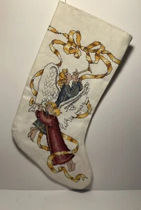 Vintage Needlepoint Handmade Angel Blowing Trumpet Stocking 16" By 6.5" - Picture 1 of 2