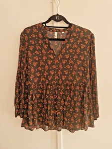 And/Or Bluse Shirt UK 10 schwarz orange Blumen Schößchen Langarm Oberteil - Bild 1 von 10