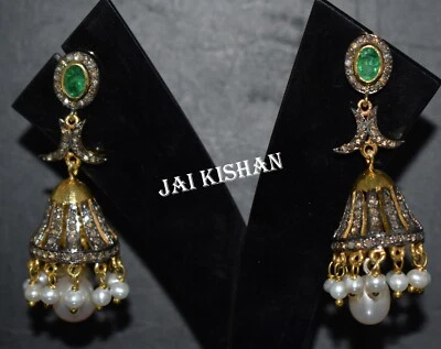 Jhumka Smaragd Perle Edelstein Pavé Diamant 925 Sterlingsilber Ohrring Schmuck - Bild 1 von 4