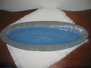 Oval BRYANT Studio Art Pottery Platter Blue w Ocher Flower-Impressed Rim 19"x7" - Picture 1 of 9