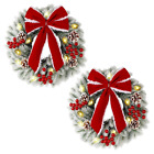 2 Pcs Lighted Christmas Wreaths, 9.8 Inch Pre-Lit  Xmas Wreath with Red Bow1008