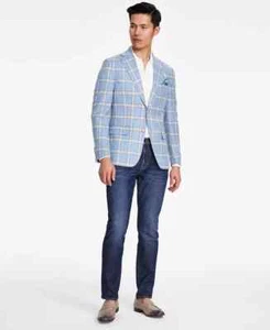 $295 Tallia Men's Blue Gold Slim Fit Plaid Wool Blend Sport Coat 46L ymy2025 - Picture 1 of 1