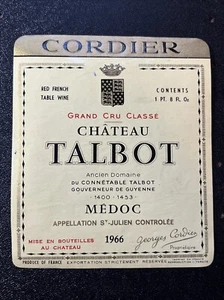 CORDIER CHATEAU TALBOT 1966 French Vintage Wine FRANCE Bottle Label Ephemera - Picture 1 of 2