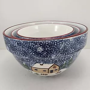 3 Nesting Mixing Bowls Winter Scene Holly Mountain Lodge Cook's Bazaar Gourmet - Picture 1 of 12