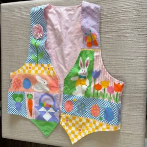 Easter Bunny Patchwork Vest Spring Colorful Bright Tulip Floral Teach Church 3D - Picture 1 of 7