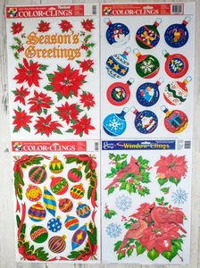 4 Sheets Vintage Christmas Window Clings Decorations USA Flocked Poinsettias  - Picture 1 of 6