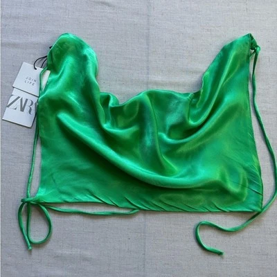 NUEVO CON ETIQUETAS | Top corto Zara verde neón satinado para mujer L lazo trasero Y2K Festival Top Foto 1 de 4