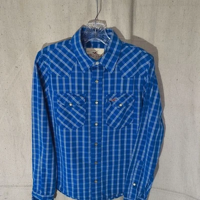 Camisa Hollister para niños pequeña azul a cuadros manga larga con botones de perlas a presión Foto 1 de 4