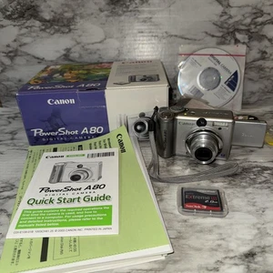 Cámara digital Canon PowerShot A80 4,0 MP plateada con caja tarjeta de memoria flash compacto - Imagen 1 de 14