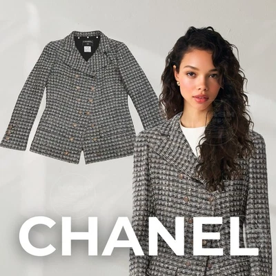 Chanel 05 Chaqueta Negra Blanca a Cuadros Tweed Lentejuelas FR 40 | Blazer Botones Dorados Raro Foto 1 de 4