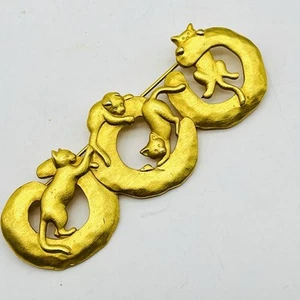 Vintage JJ Cat Brosche gebürstet goldfarben Triple Kitty - Bild 1 von 6