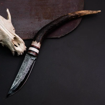 Готовый к подарку нож из дамасской стали 14,1 дюйма с накладным монтажом для охоты + кожаные ножны - Изображение 1 из 4