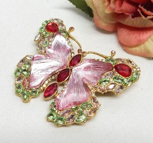 HEAVY GOLD TONE, CRYSTAL RHINESTONE & PINK LUCITE BUTTERFLY BROOCH - Picture 1 of 4