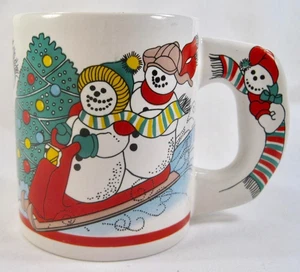 Snowman On Sled Mug Christmas Tree Wearing Scarves Hats Decorative Coffee  (O) - Picture 1 of 7