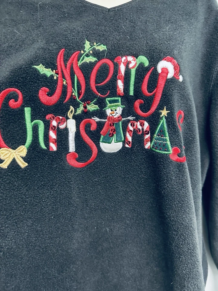 Merry Christmas Snowman Women's Sz 22W-24W Black Embroidered Holiday Sweatshirt - Image 1 of 4