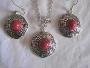Set aus rotem Türkis und Tibet Silber 18 Zoll Halskette und Ohrringen ~ LBDAH - Bild 1 von 4
