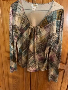 Talbots Scoop V Neck Top PS Blue Brown Tan 77% Silk - Picture 1 of 5
