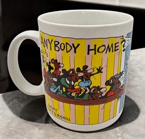 Gary Patterson ¿Alguien en casa? Taza de café de dibujos animados gato ratones cómic retro años 80 - Imagen 1 de 10