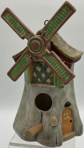 Vintage 1988 LM Lerlet Ceramic Hand Painted Fairy Windmill Bird House - Repaired Cover