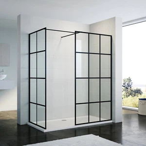 Walk In Shower Screen Enclosure And Tray Wet Room Black Grid 8mm Glass Cubicle - Picture 1 of 19