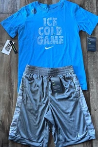 NWT Nike Boys YLG Gray/Light Blue/White ICE COLD GAME Dri-Fit Shorts Set Large - Picture 1 of 5