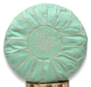 SAGE GREEN LEATHER MOROCCAN POUFFE FOOTSTOOL BEANBAG OTTOMAN *HANDMADE* - Picture 1 of 6