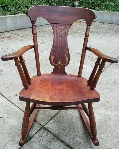 ANTIQ 1800's US Wood Rocking Chair w/Violin Back & Curvy/leafy/Floral/MOP Inlay Cover