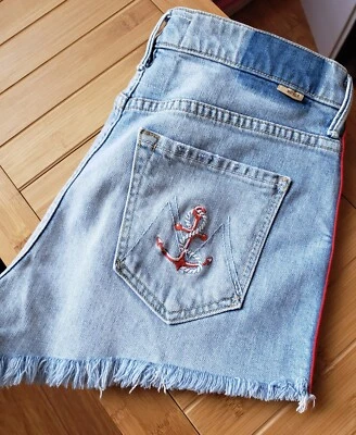 MOTHER Easy Does It 牛仔短裤,蓝色和红色侧条纹,船锚,尺寸 27 — 第 1/4 张图片