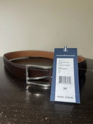 Cinturón de cuero marrón oscuro clásico Vineyard Vines hebilla de latón carrera informal 34 Foto 1 de 4