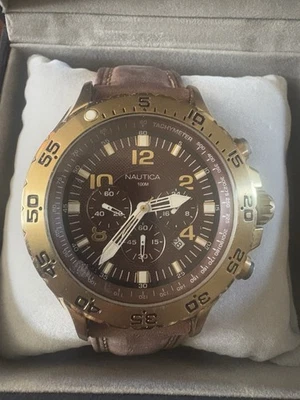 Nautica Men’s Chronograph Model N18522G, Gold with Brown Strap - Image 1 of 4