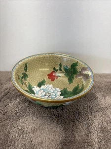 Vintage Cloisonné Enamel & Brass 6.5 Inch Bowl with Peony Motif - Picture 1 of 8