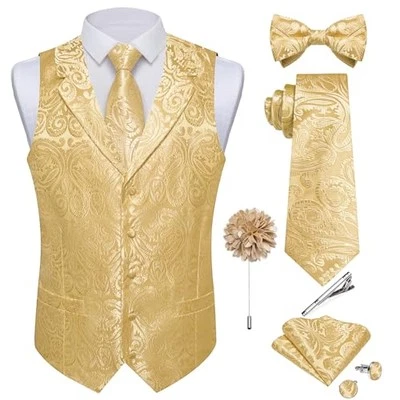  Conjunto de chaleco y corbata de cachemira para hombre traje formal de seda chaleco XX-grande champán Foto 1 de 4