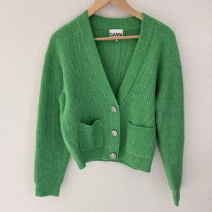 Ganni Embellished Alpaca Wool Cardigan Sweater M Womens Kelly Green Ribbed - Picture 1 of 6