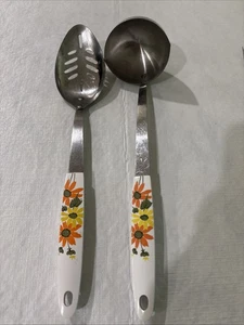 Vintage ECKO Country Garden Floral Handle stainless Steel Ladle & slotted Spoon - Picture 1 of 7