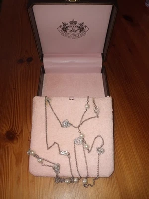 Juicy Couture Silver Chain Crystal Charm Heart Cherry Bow Crown Necklace w/box - Image 1 of 2
