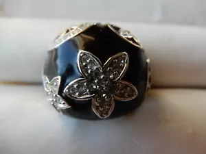 NWOT LARGE SILVERTONE RHODIUM PLATED ENAMEL & RHINESTONE DOME RING SIZE 7 1/2 - Picture 1 of 8