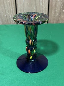 Hand Blown Glass Candlestick Candle Green Swirl Blue Murano Style Art Glass - Picture 1 of 6