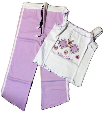 Girls PAJAMAS SET 2 PC SLEEVELESS WHITE/ PURPLE W/FLORAL DESIGN SIZE 6/8 - Image 1 of 4