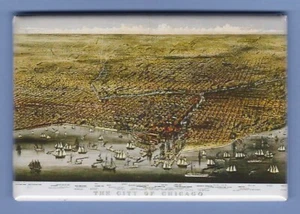 CHICAGO ILLINOIS *2X3 FRIDGE MAGNET* AERIAL VIEW BIRDS EYE CITY MAP VINTAGE OLD - Picture 1 of 2